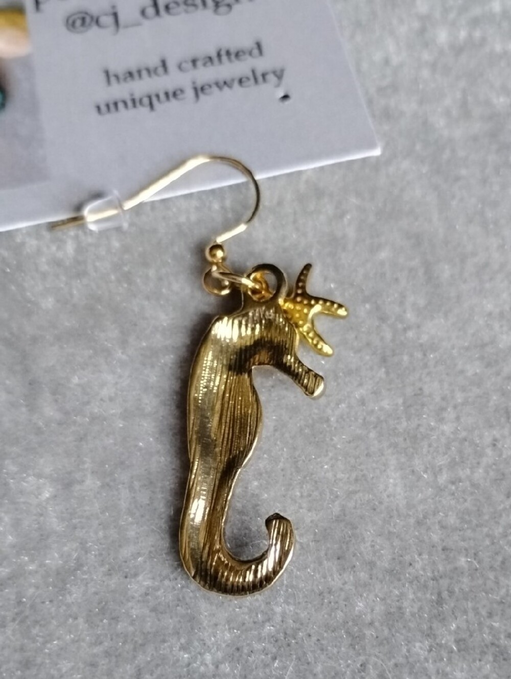 Gold Seahorse Earrings with Turquoise Accent - Picture 3 of 6
